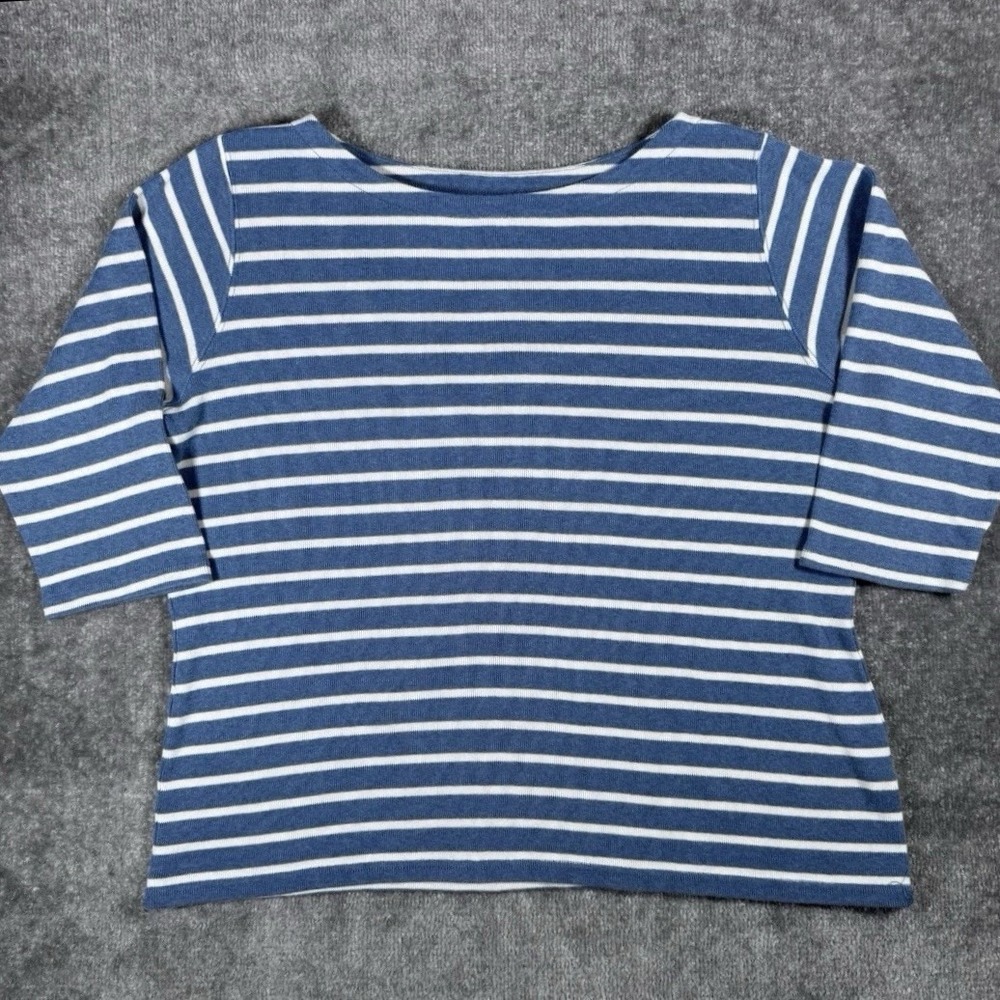 L.L. Bean Shirt Women's XL Blue White Striped 3/4 Sleeve Cotton Coastal Beachy